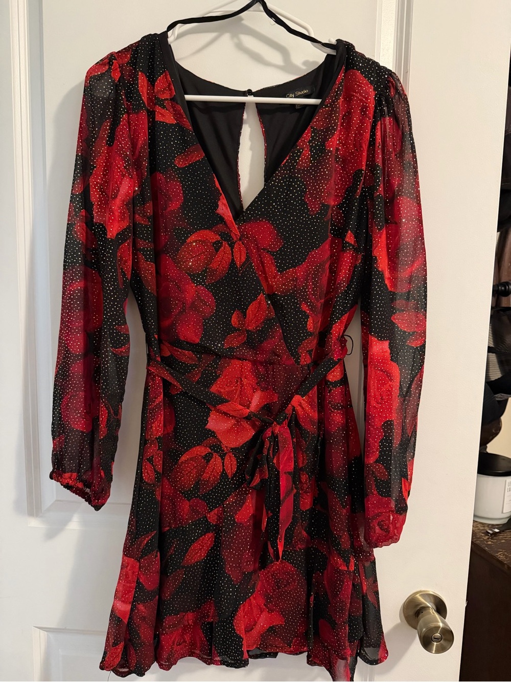 City Studio Red Floral Wrap-Style Long Sleeve Dress